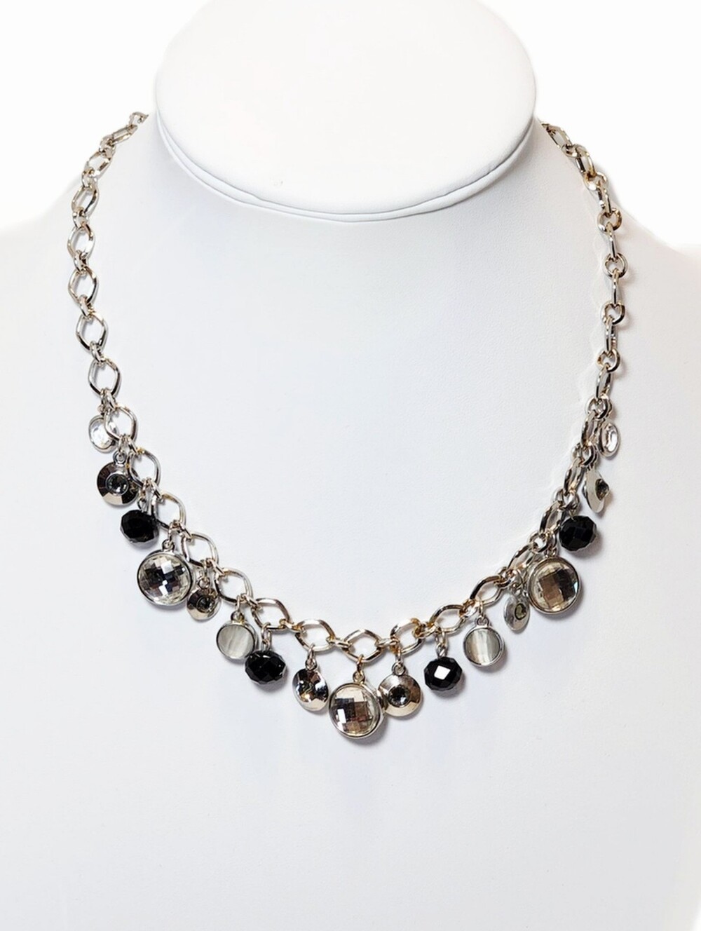 White House Black Market Faceted Black & Clear Glass Beaded Silvertone Necklace